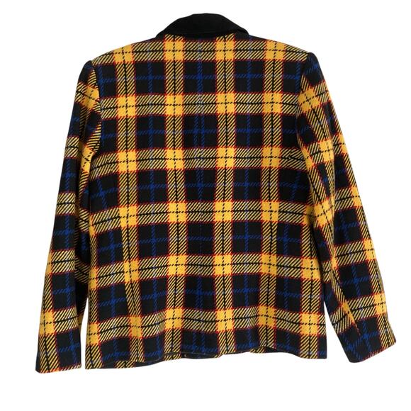 Vintage 90s Joan Leslie Yellow Black Tartan Wool Twill Velvet Blazer Size Medium - Picture 2 of 16